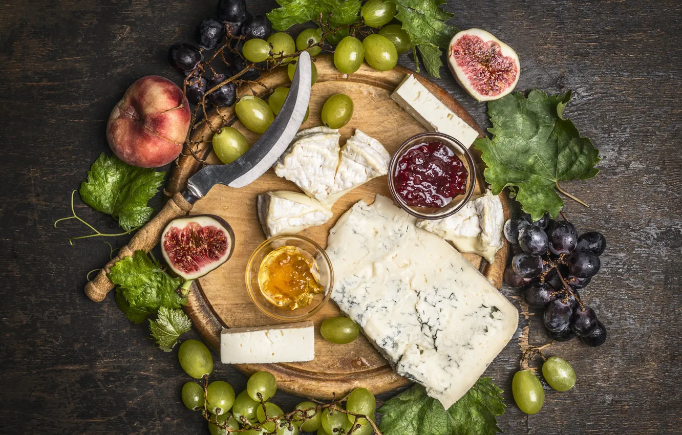 Фото обои листья, сыр, виноград, персики, grapes, варенье, cheese, common fig