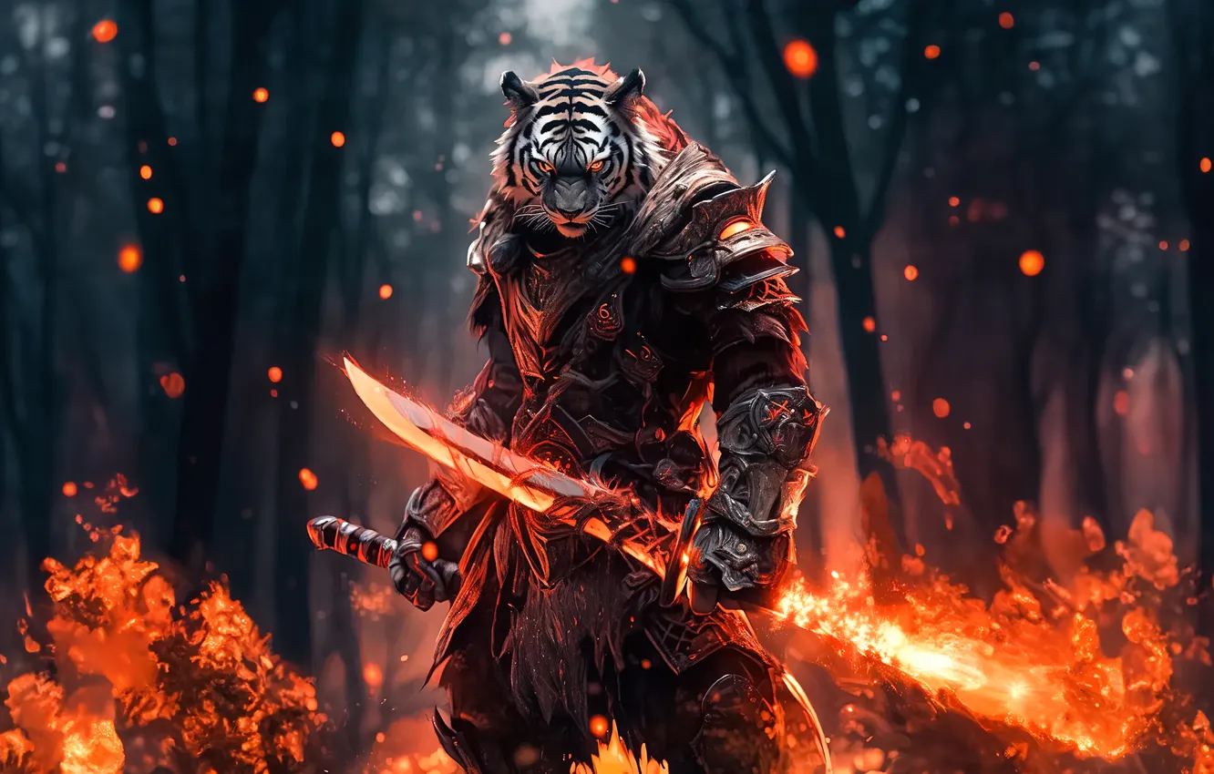 Фото обои Fantasy, Fire, Tiger, Warrior, Graphics