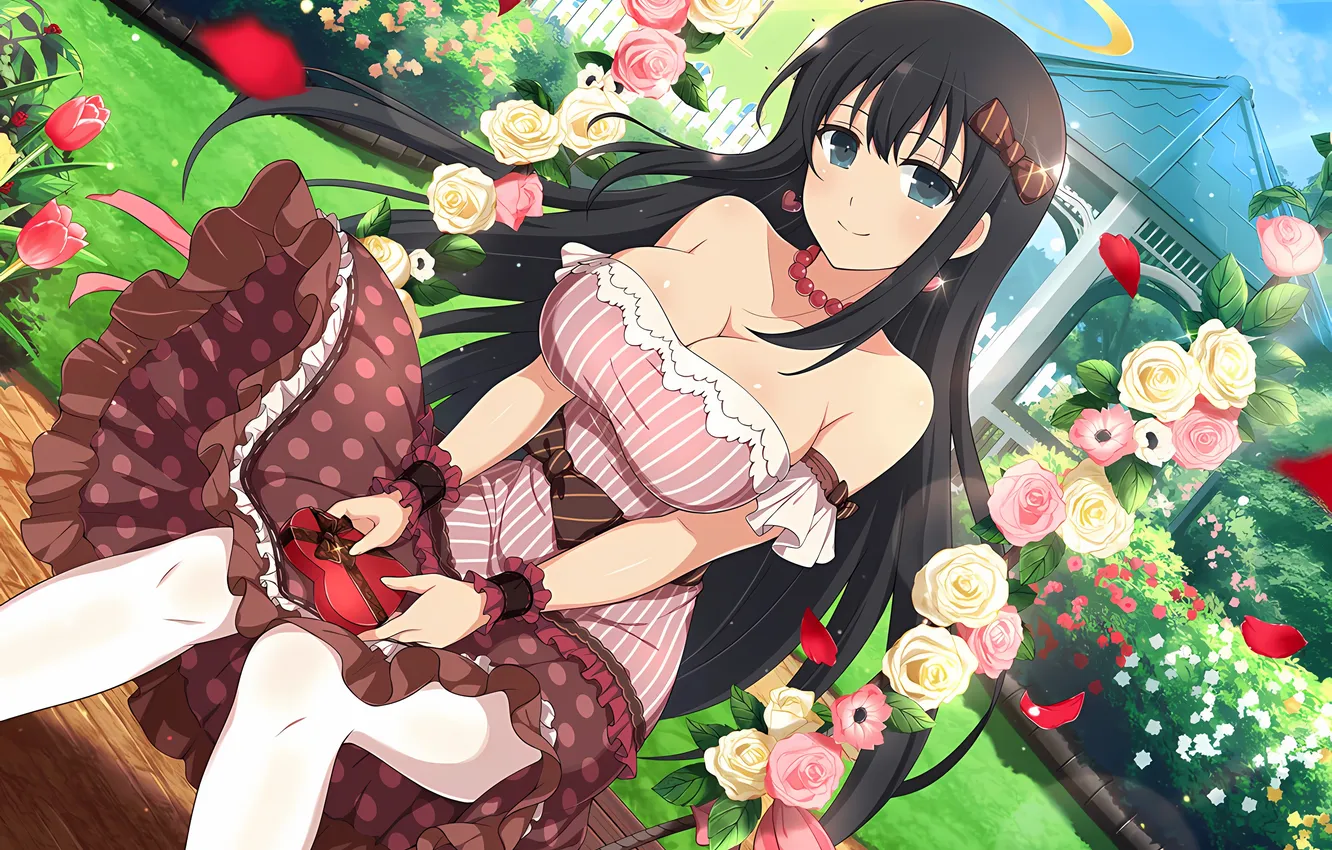 Фото обои girl, sexy, cleavage, long hair, dress, boobs, anime, flowers