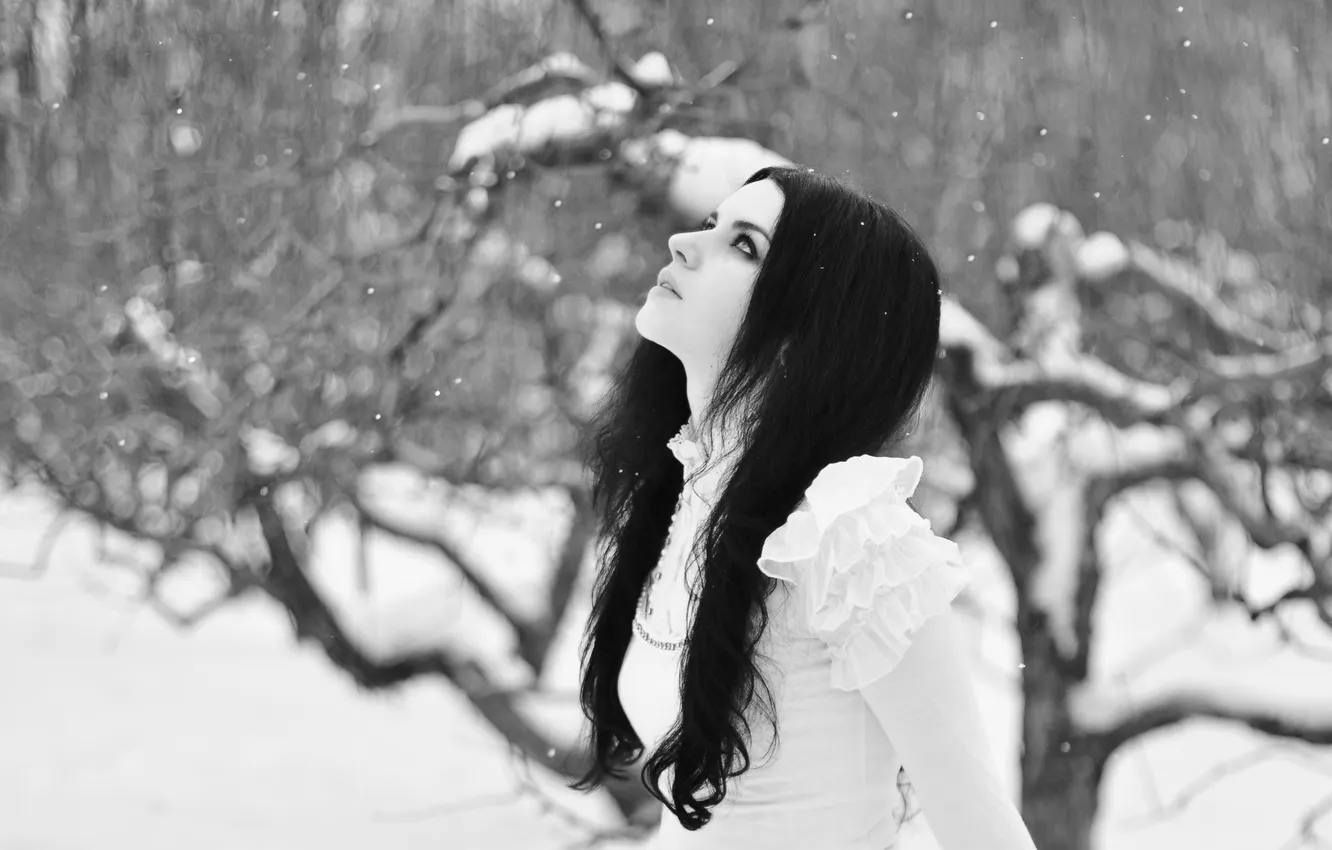 Фото обои зима, взгляд, девушка, снежинки, красавица, Female and the snow