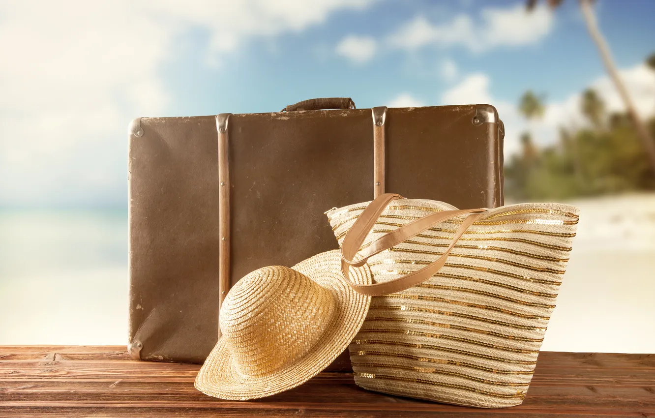 Фото обои шляпа, чемодан, summer, beach, vacation, travel