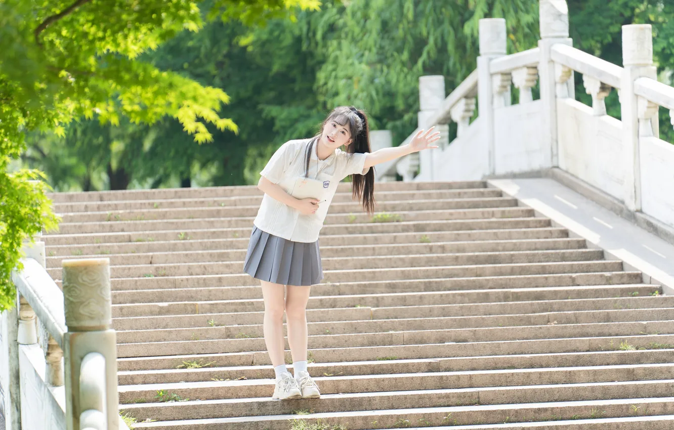 Фото обои Beautiful, Asian, Model, Smile, Woman, Cute, Trees, Pretty