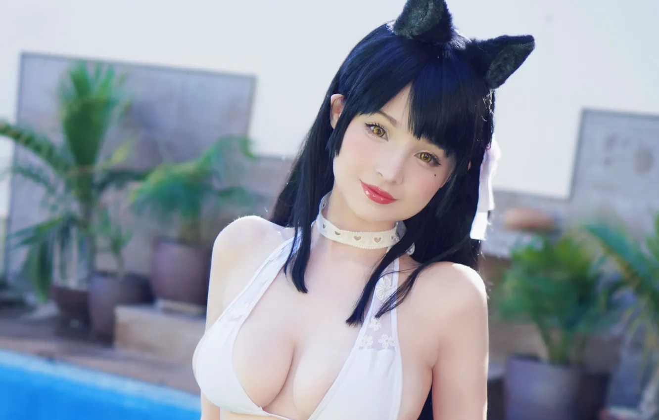 Фото обои girl, sexy, pool, cleavage, long hair, boobs, animal ears, smile
