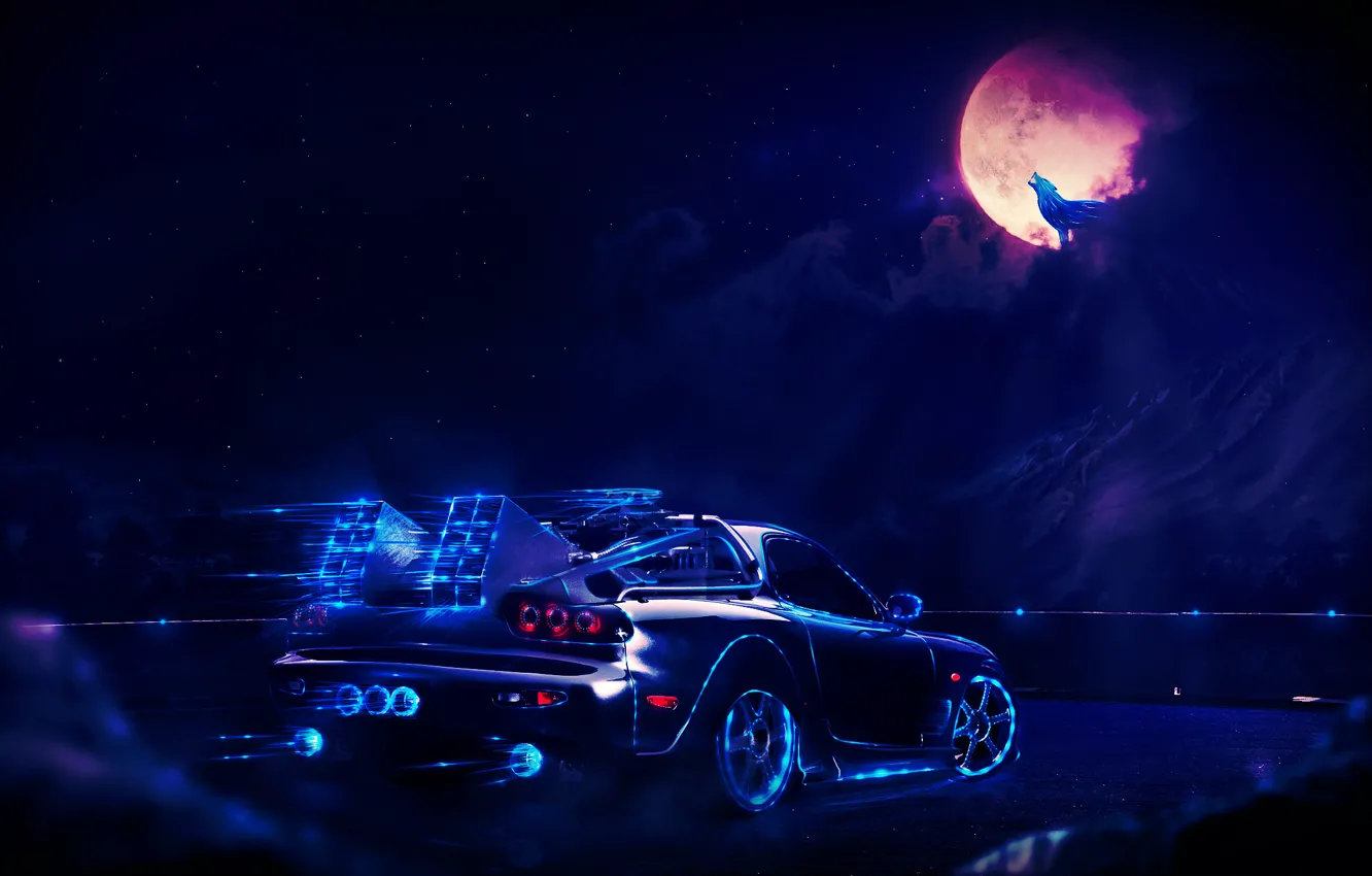 Фото обои car, dark, light, red, moon, white, black, blue