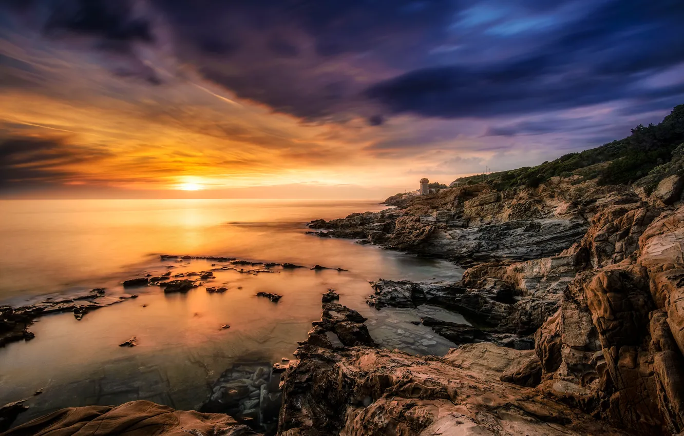 Фото обои rock, ocean, sunset, wave