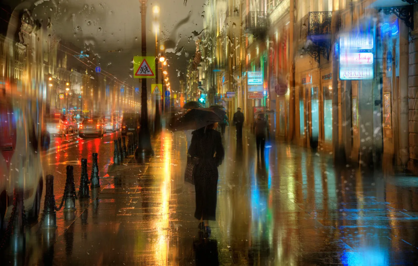 Фото обои капли, дождь, зонт, Санкт-Петербург, прохожие, Невский