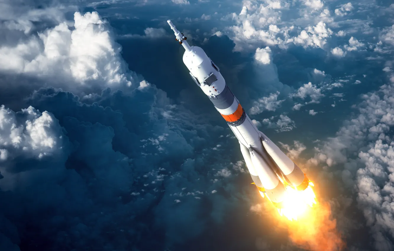 Фото обои Облака, Космос, Ракета, Россия, Взлет, Союз-2.1а