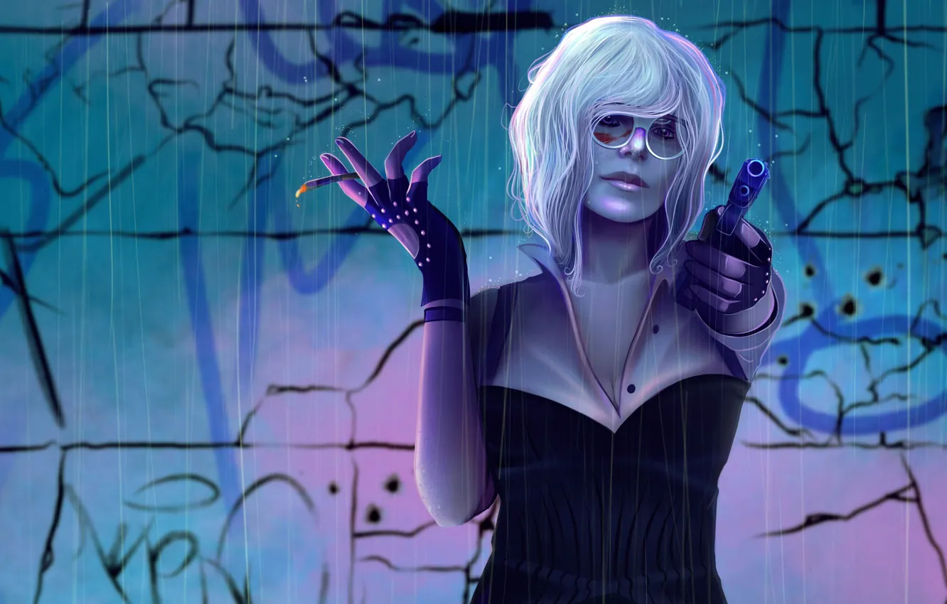 Фото обои пистолет, стена, дождь, Charlize Theron, арт, очки, блондинка, сигарета