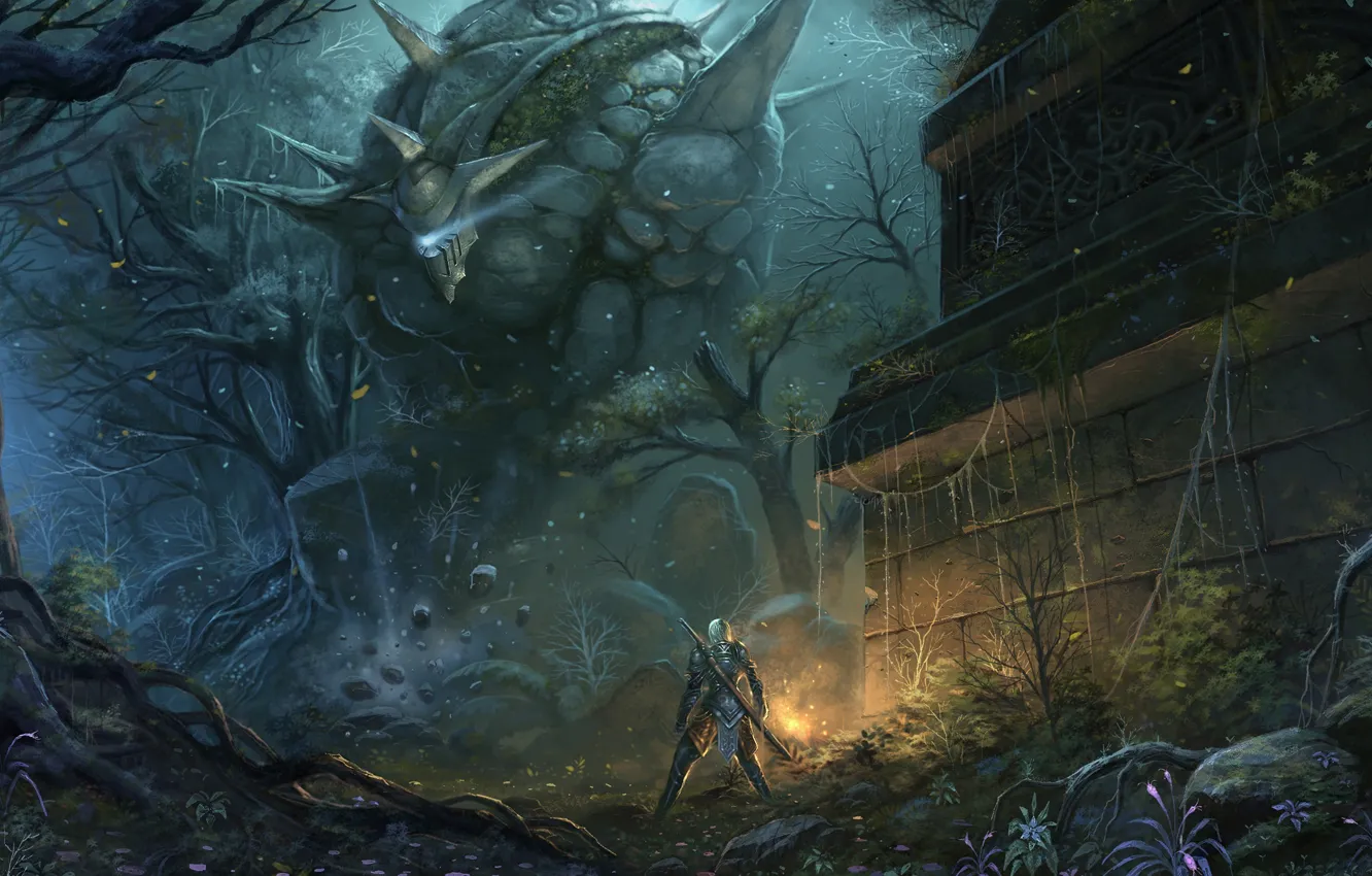 Фото обои лес, оружие, человек, меч, существо, фэнтези, арт, гигант