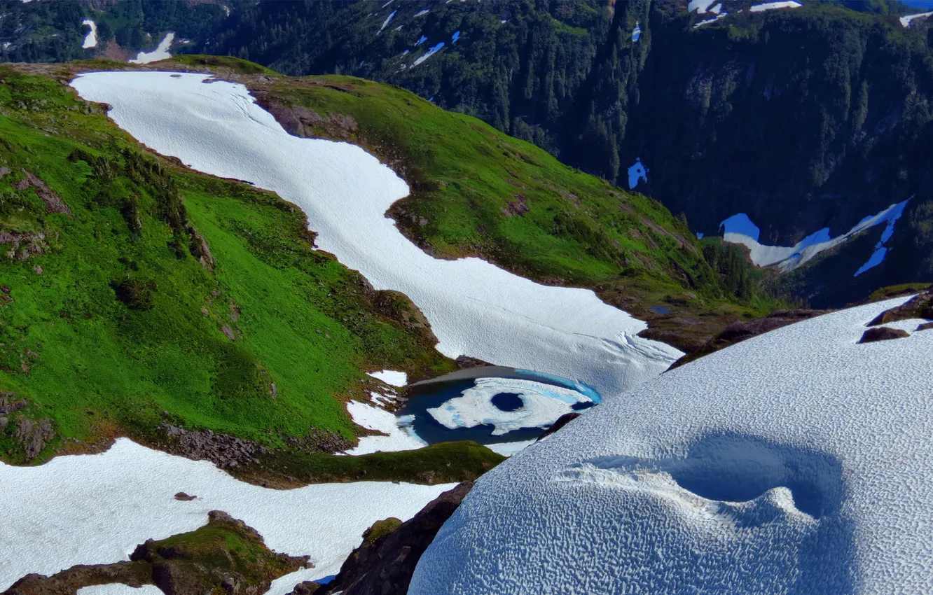 Фото обои лед, зелень, снег, горы, озеро, горное