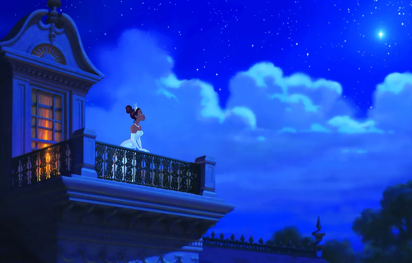 Фото обои небо, облака, ночь, звезда, мультфильм, сказка, балкон, принцесса