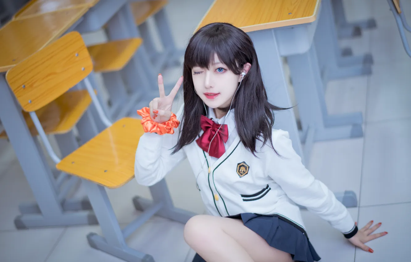 Фото обои Asian, school uniform, blue eyes, women, black hair, schoolgirl, bow tie, Shika XiaoLu