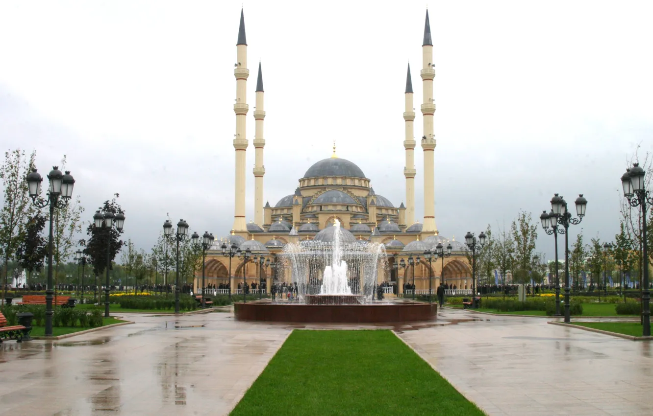 Фото обои город, фонтан, мечеть, Чечня, Грозный, Grozny, 95регион, сердце чечни