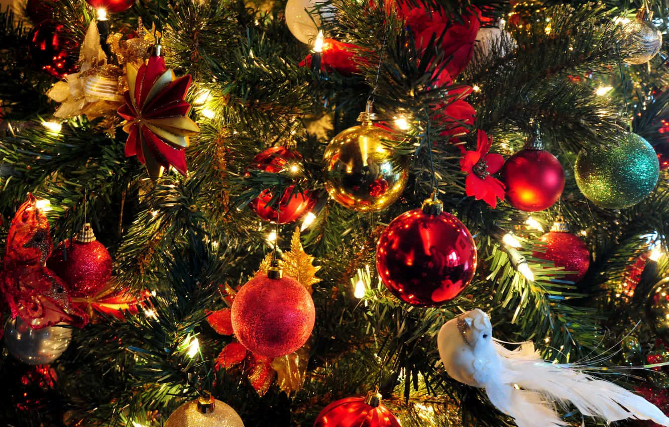 Фото обои праздник, бабочка, звезда, елка, новый год, шар, рождество, гирлянда