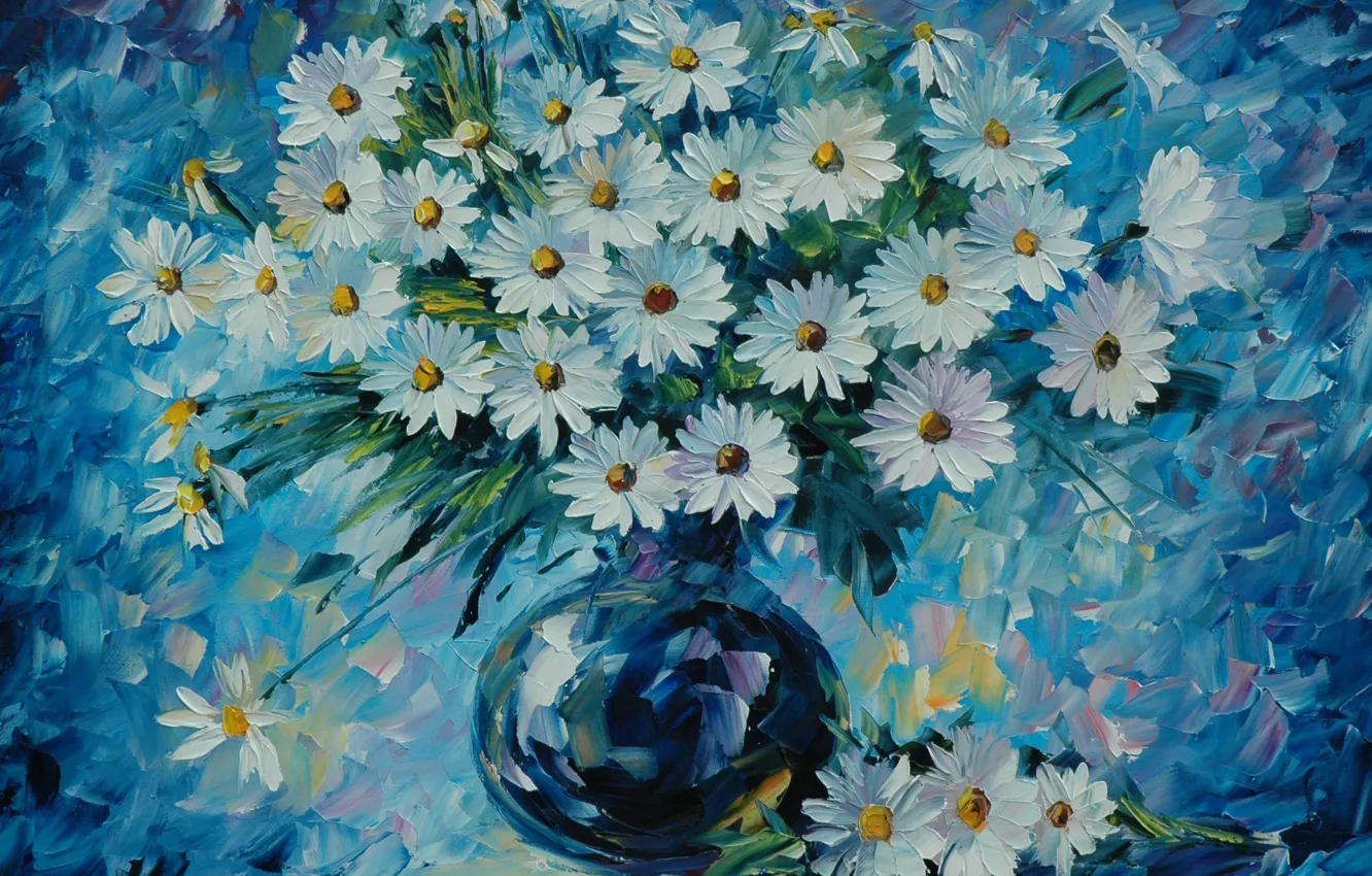 Фото обои цветы, ромашки, букет, ваза, живопись, Leonid Afremov