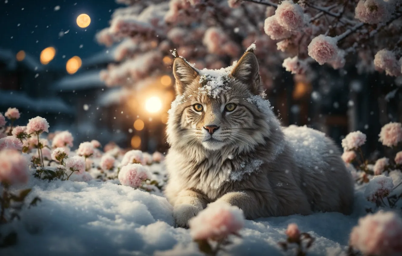 Фото обои cat, flowers, snow, ai art