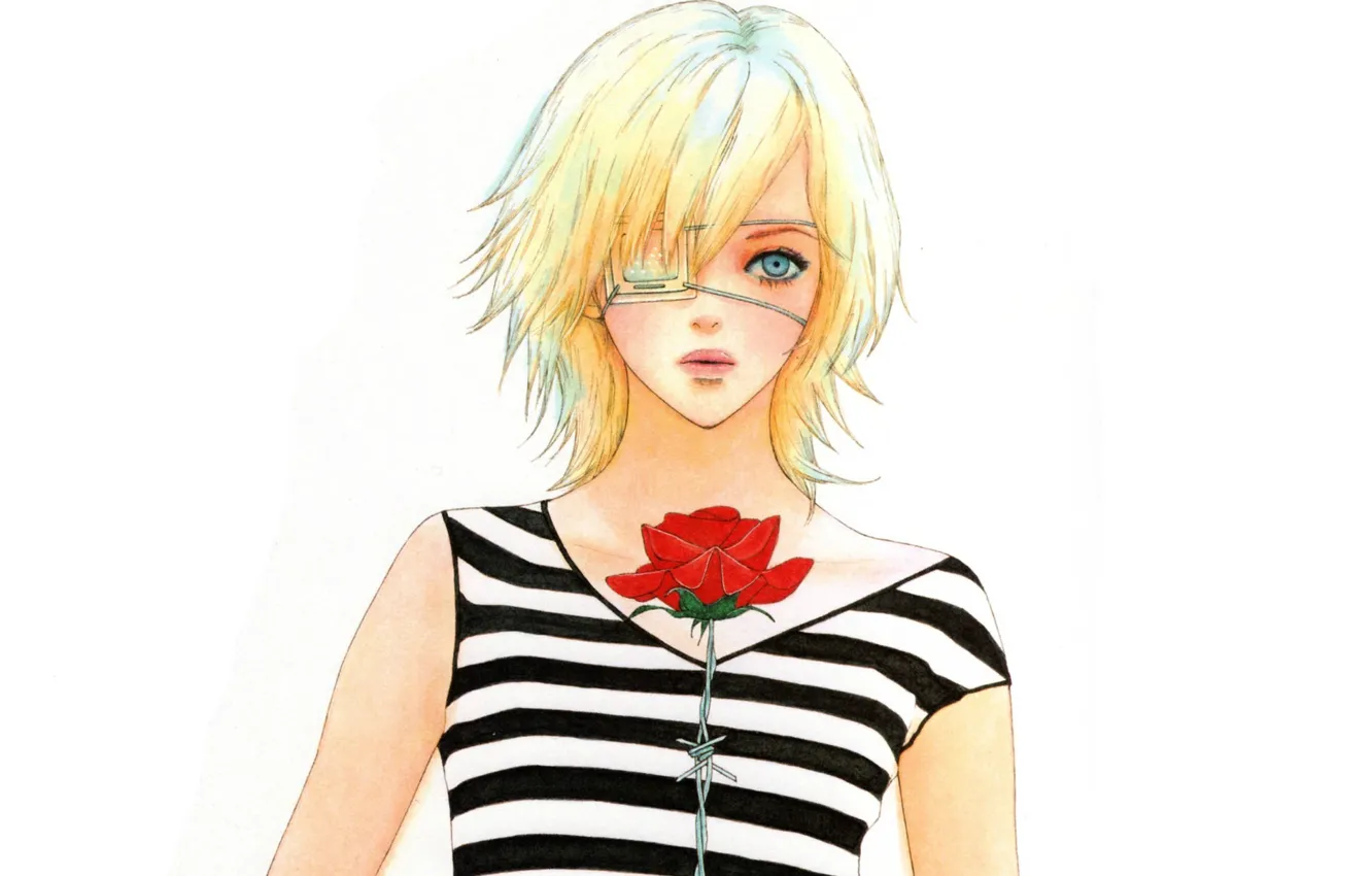 Фото обои блондинка, белый фон, красная роза, колючая проволка, повязка на глаз, чёлка, Omae ga Sekai o …