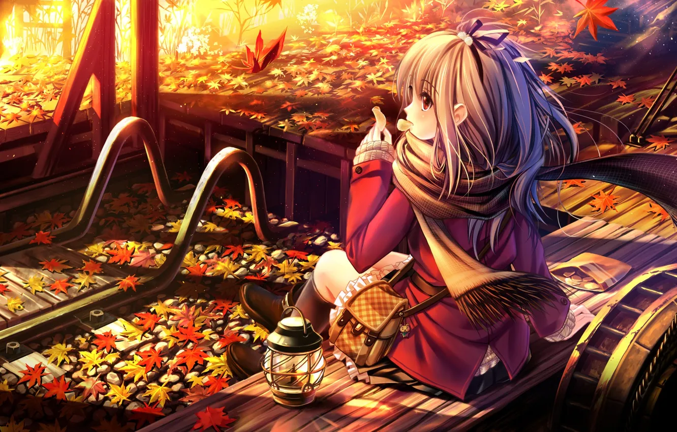 Фото обои осень, листья, девушка, деревья, природа, аниме, шарф, арт