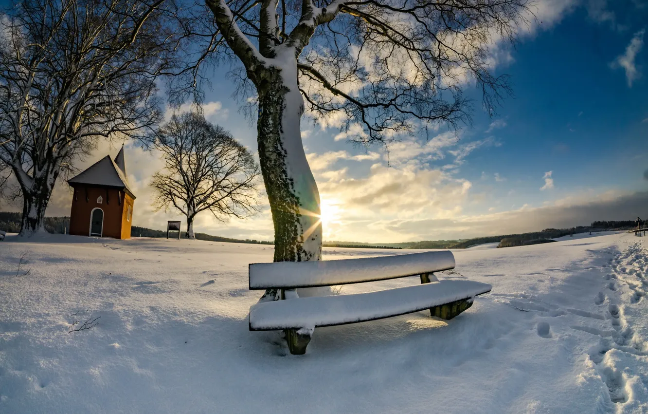 Фото обои зима, снег, утро, скамья