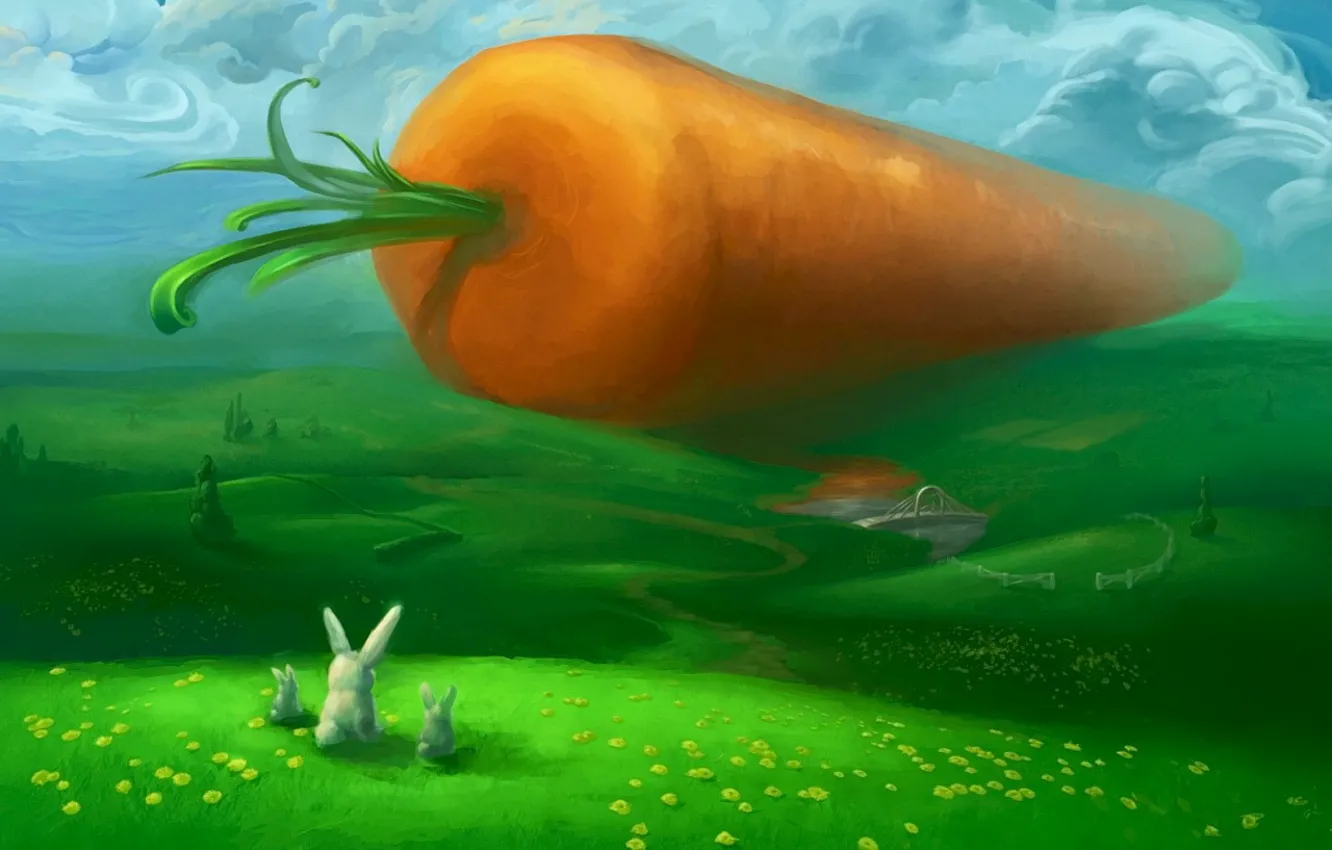 Фото обои зеленый, холмы, рисунок, морковка, зайцы