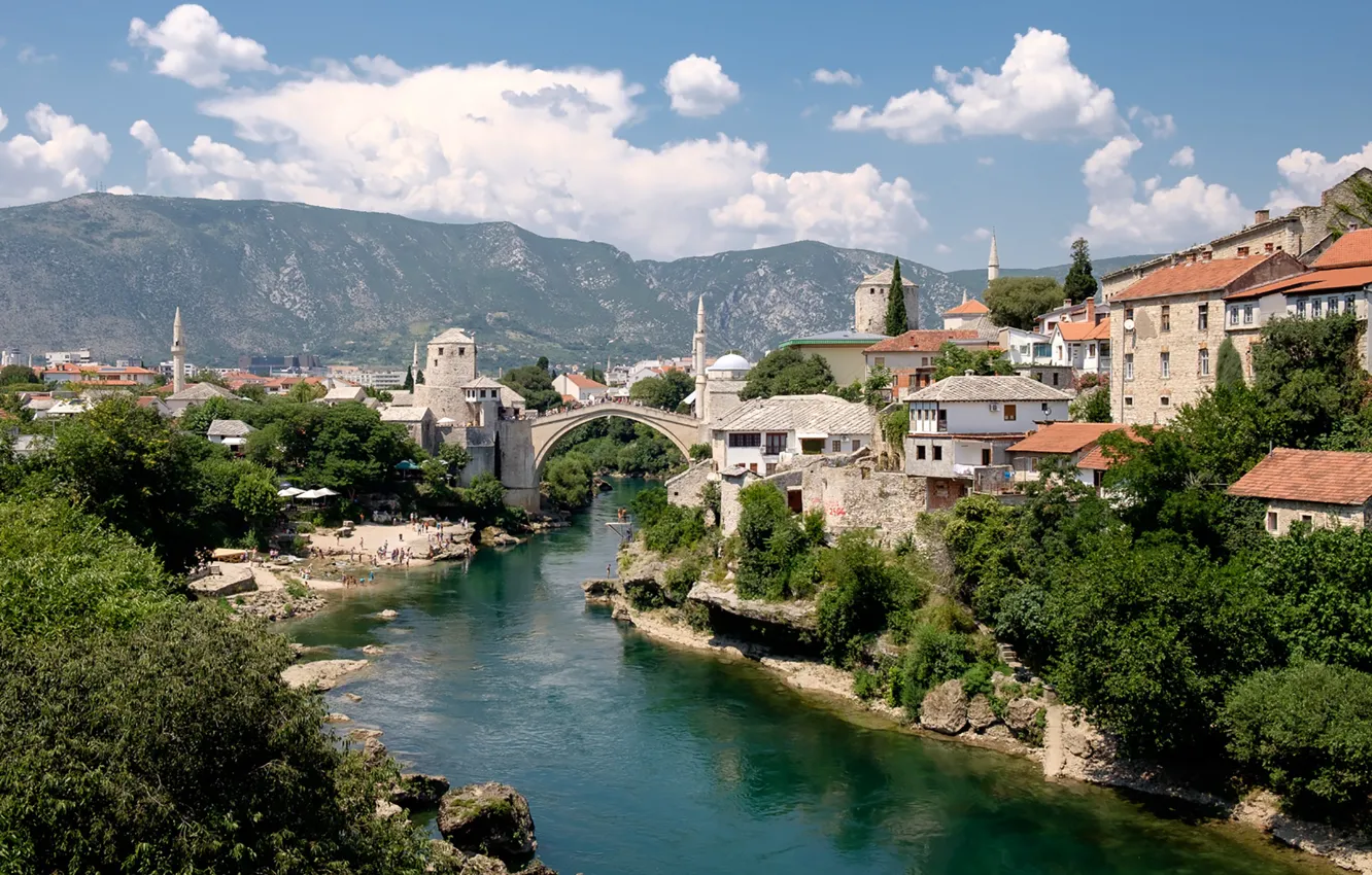 Фото обои beach, mountains, sunny, Mostar, Neretva River, Old Bridge, Ottomans, Velež Mountain