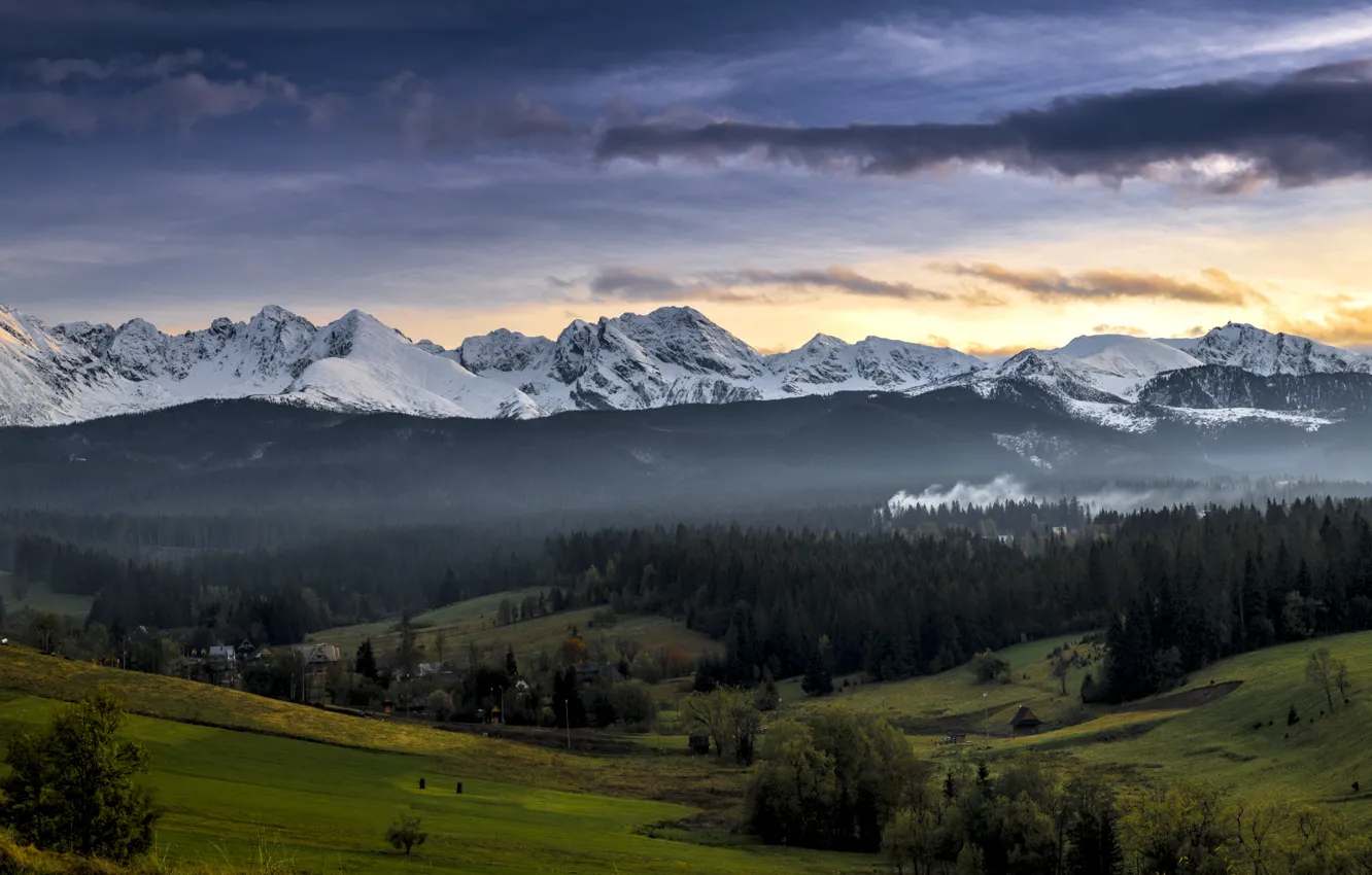 Фото обои twilight, mountains, valley, Poland, peaks, woodland, Murzasichle