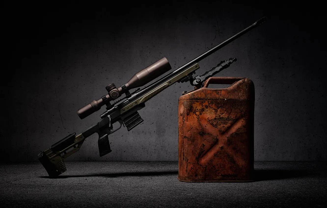 Фото обои оружие, фон, оптика, канистра, снайперская винтовка