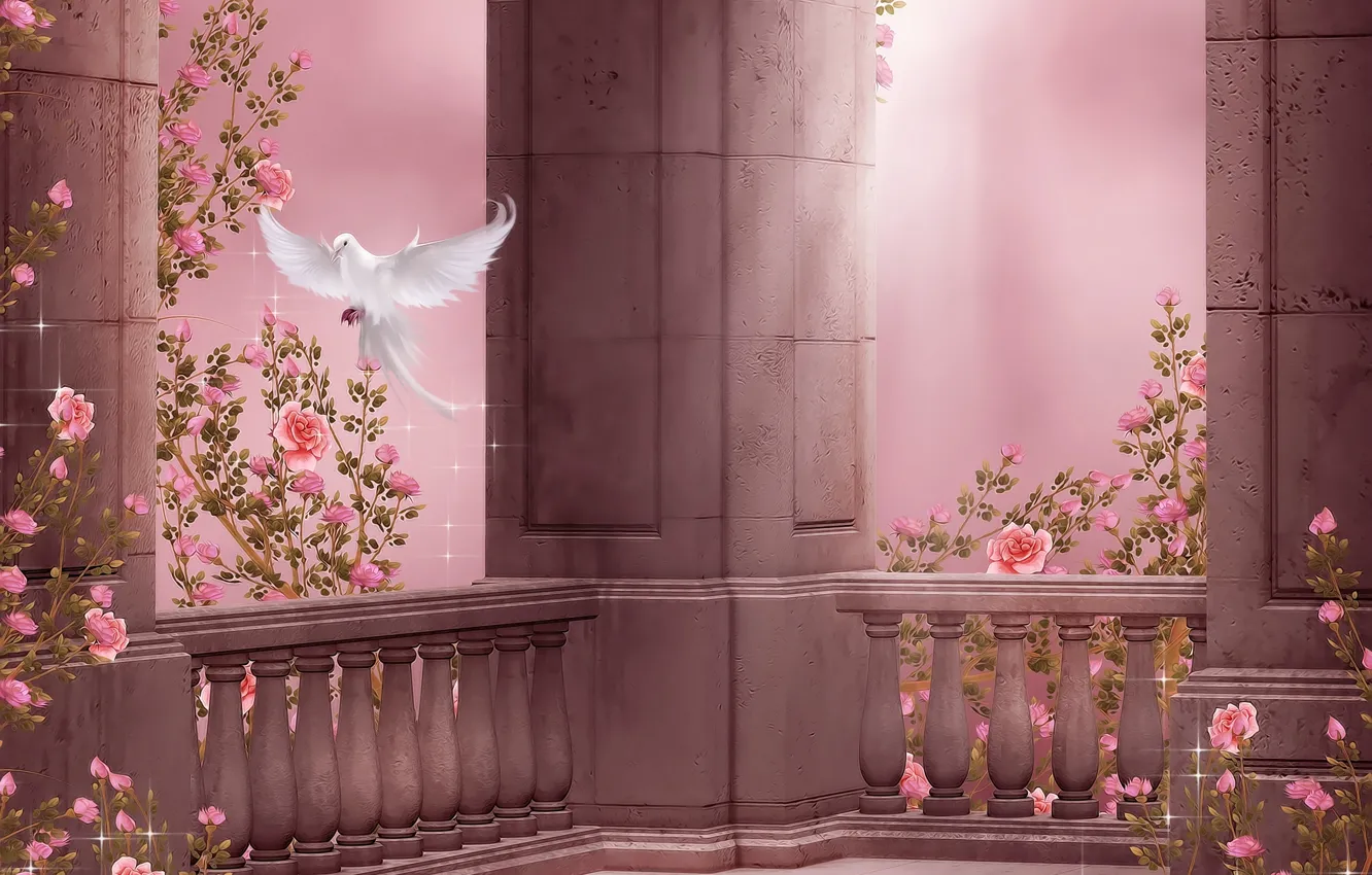 Фото обои цветы, голубь, розы, колонны, полёт, flowers, dove, roses