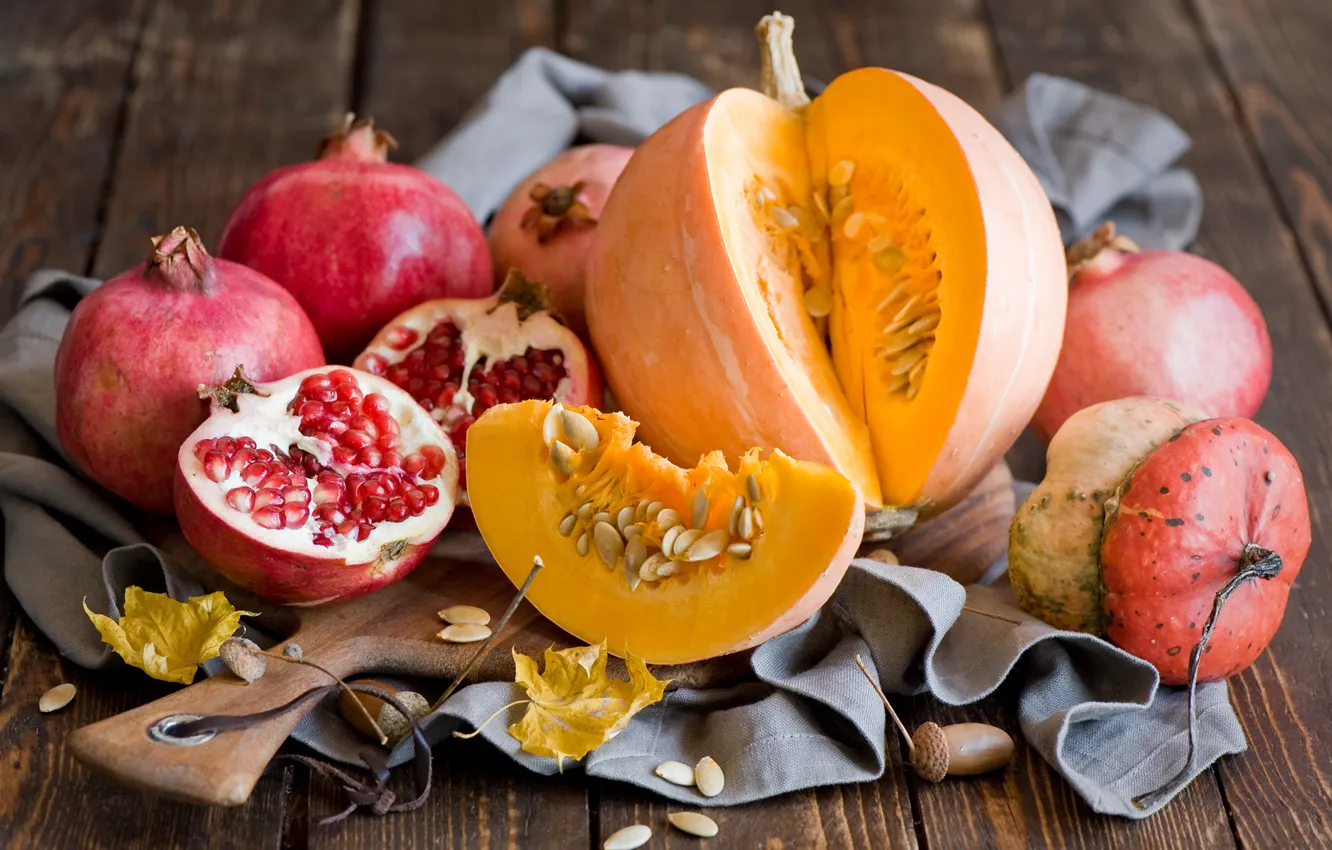 Фото обои осень, листья, тыква, фрукты, натюрморт, овощи, гранаты, Anna Verdina