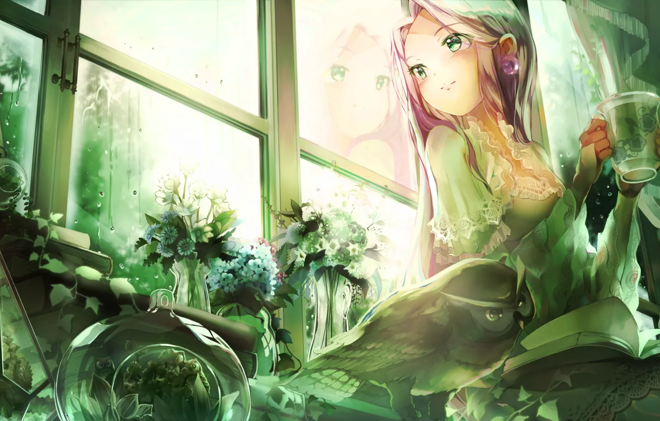 Фото обои зелень, девушка, растение