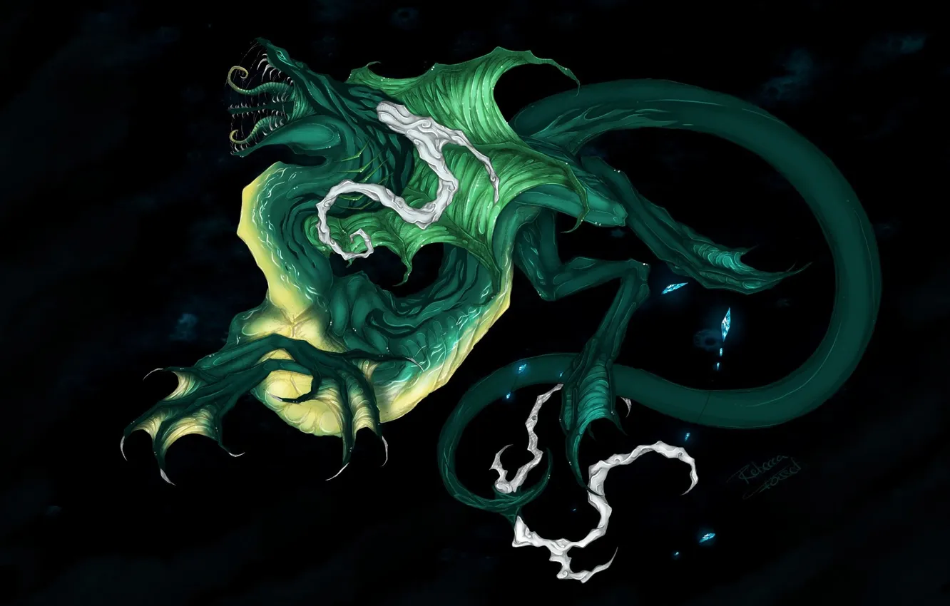 Фото обои фантастика, пасть, хвост, профиль, черный фон, зеленый дракон