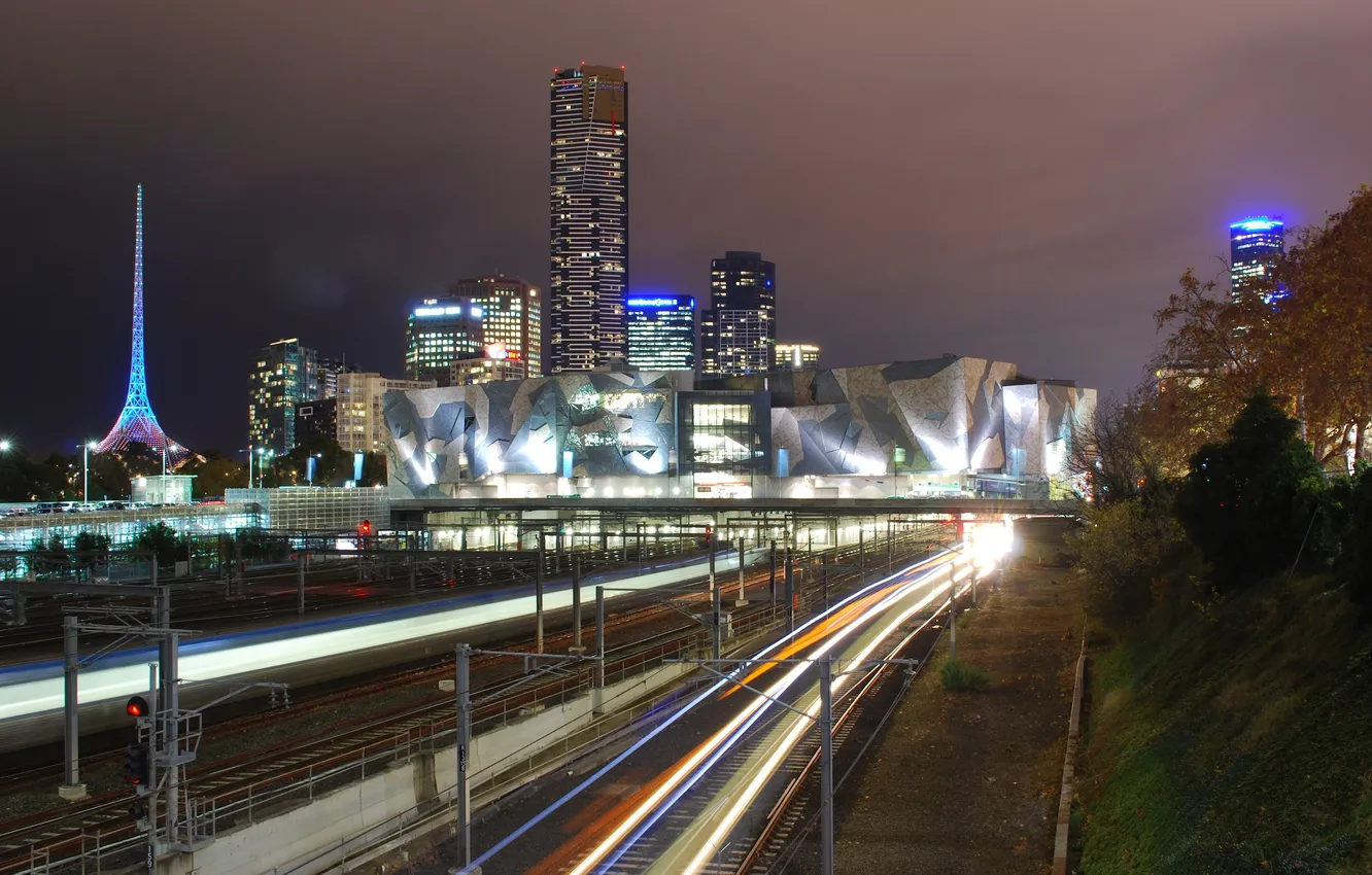 Фото обои ночь, огни, австралия, Melbourne, train, Australia, Metro Light Streams, VIC
