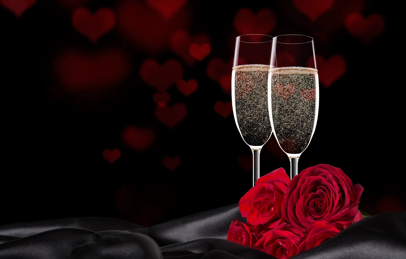 Фото обои цветы, розы, бокалы, сердечки, красные, черный фон, шампанское