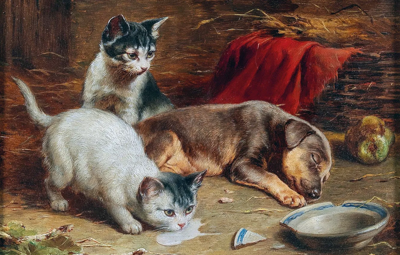 Фото обои Собака, Котята, Картина, Щенок, Трое, Carl Reichert, Карл Райхерт, Австрийский живописец