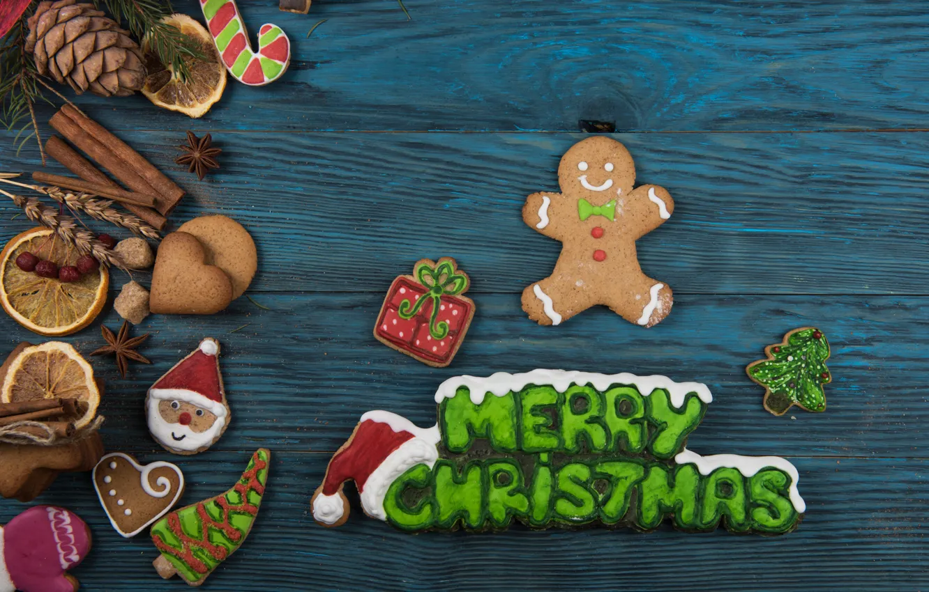 Фото обои Новый Год, печенье, Рождество, wood, Merry Christmas, cookies, decoration, пряники