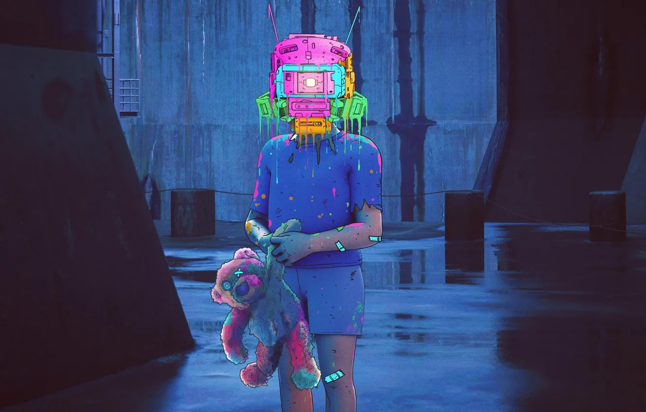 Фото обои Робот, Игрушка, Мишка, Fantasy, Art, Robot, Фантастика, Neon