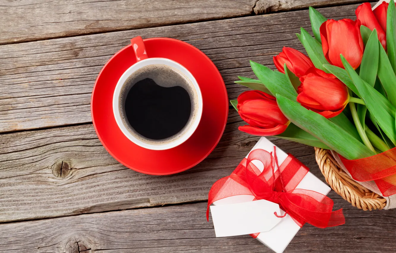 Фото обои любовь, цветы, подарок, кофе, букет, чашка, тюльпаны, red