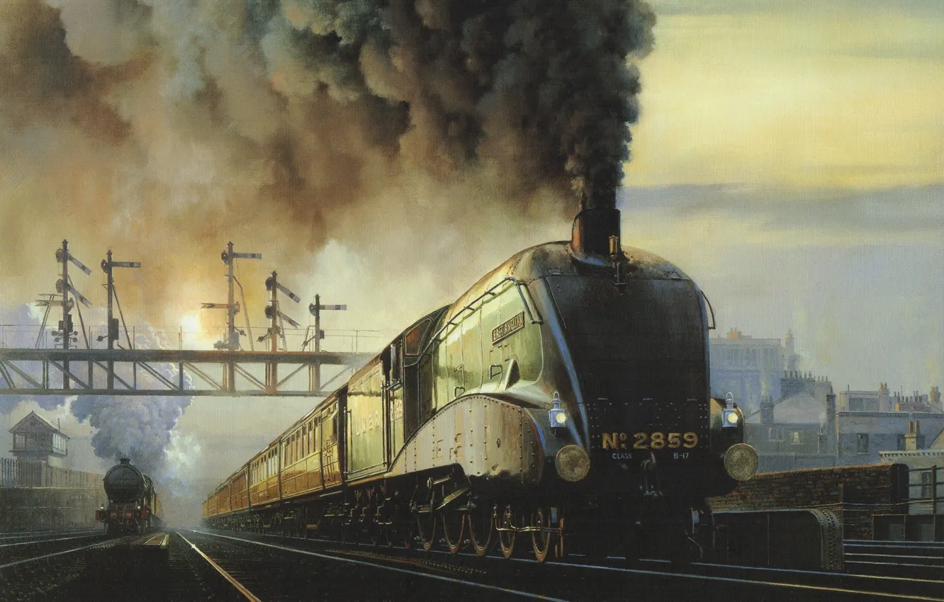 Фото обои небо, дым, рельсы, поезд, станция, локомотив