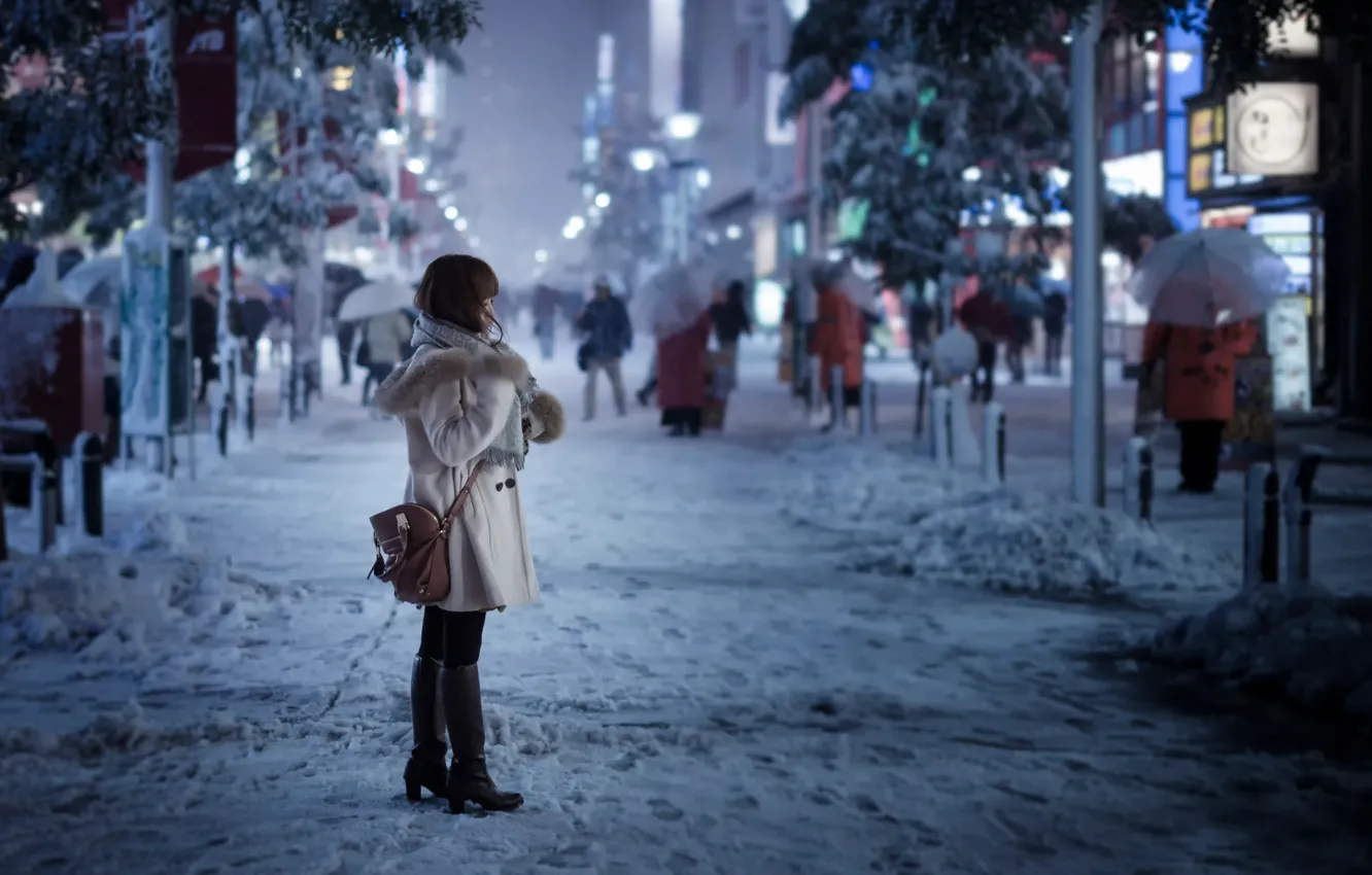 Фото обои девушка, снег, город, улица, Токио, Snowy day