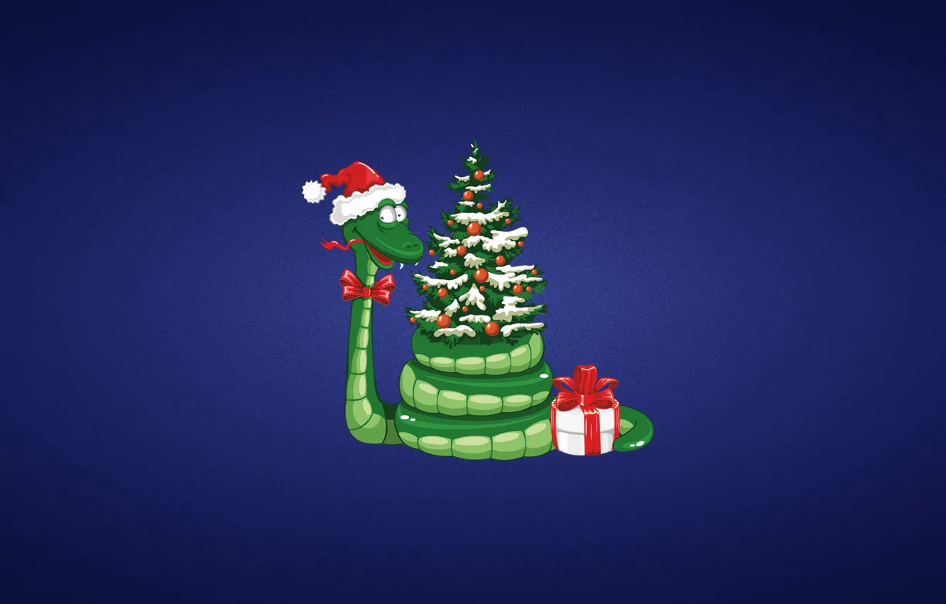 Фото обои подарок, игрушки, елка, новый год, змея, new year, бант, зеленая
