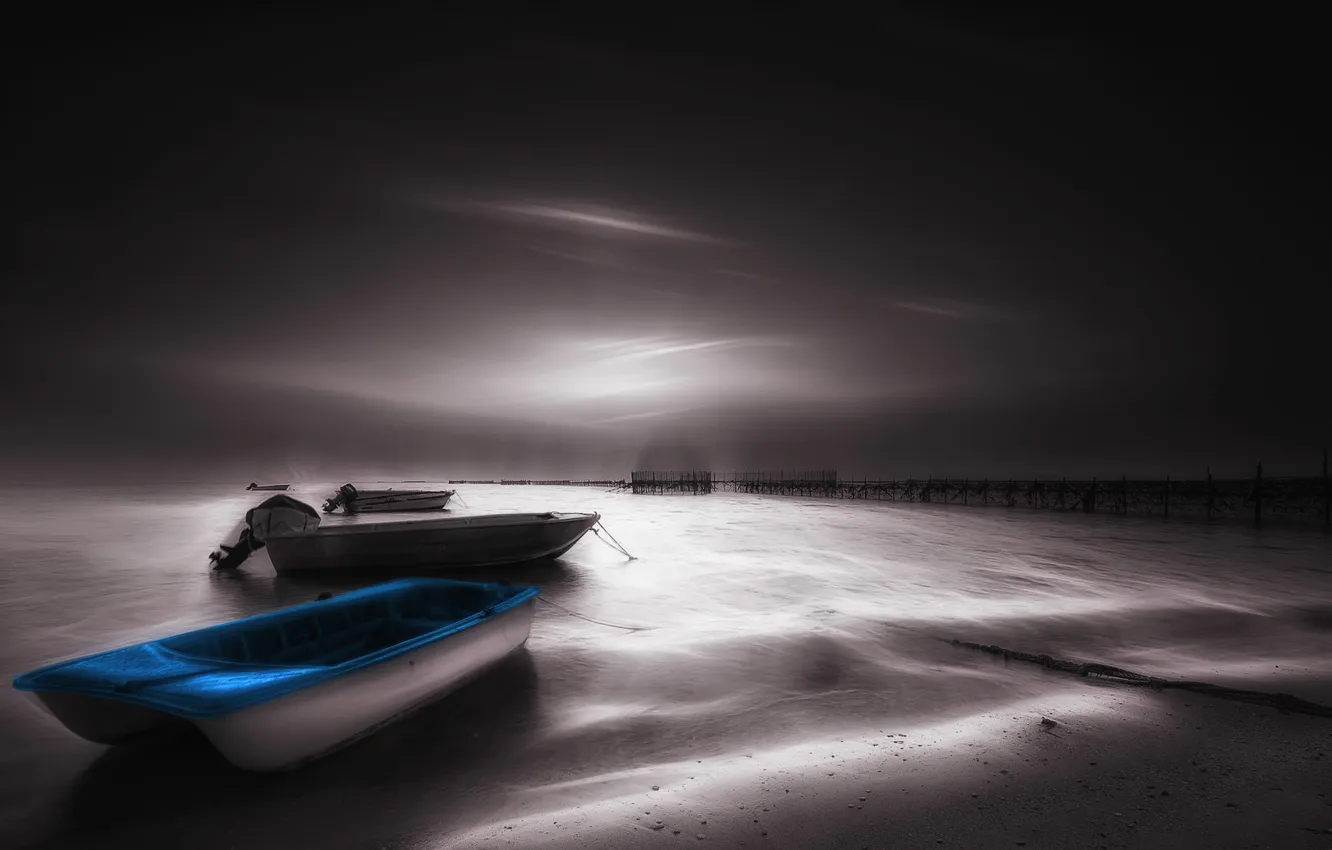 Фото обои море, пейзаж, ночь, лодки