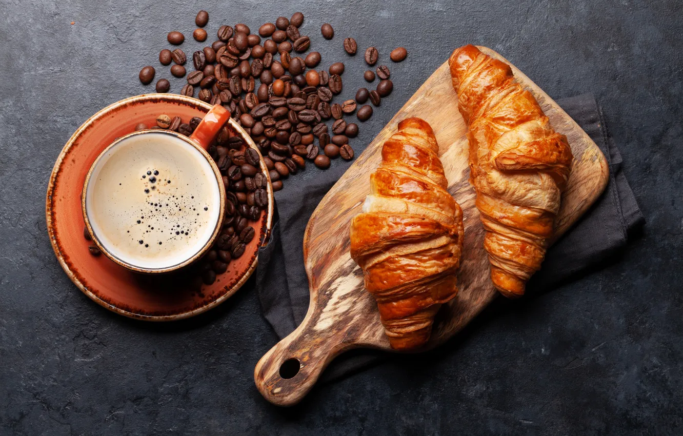 Фото обои cup, coffee, круассаны, чашка кофе, croissants