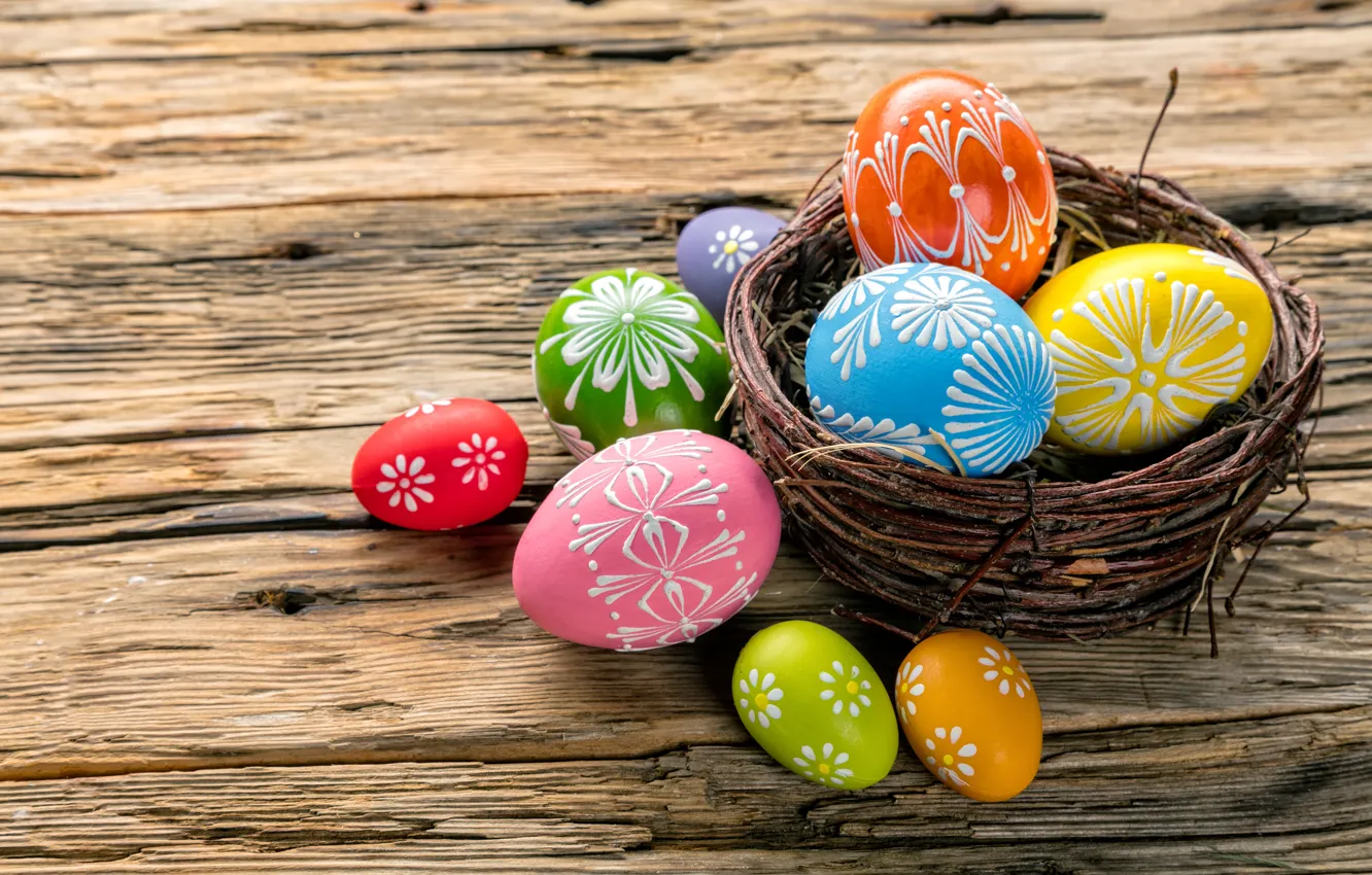 Фото обои colorful, Пасха, happy, корзинка, wood, spring, Easter, eggs
