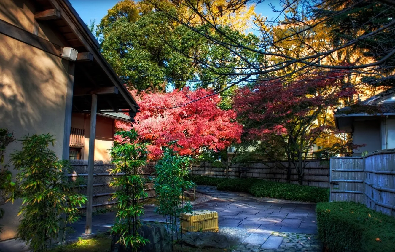 Фото обои забор, домики, Japan, японский сад