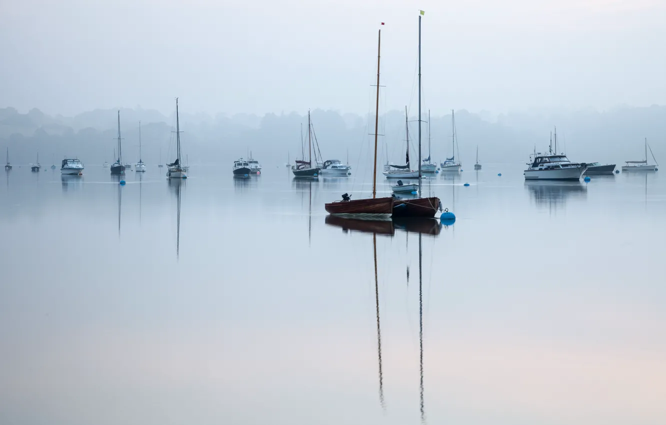 Фото обои туман, озеро, тишина, лодки, утро, покой