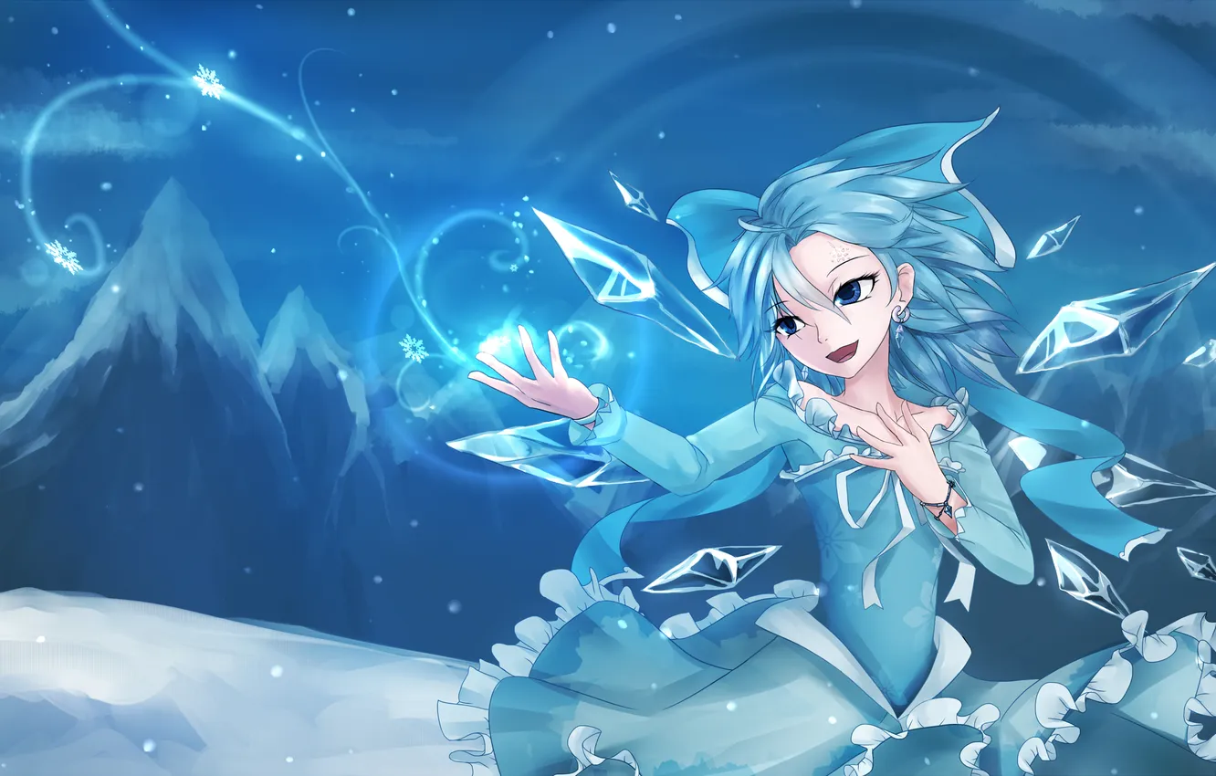 Фото обои холод, девушка, снежинки, крылья, арт, кристаллы, touhou, frozen