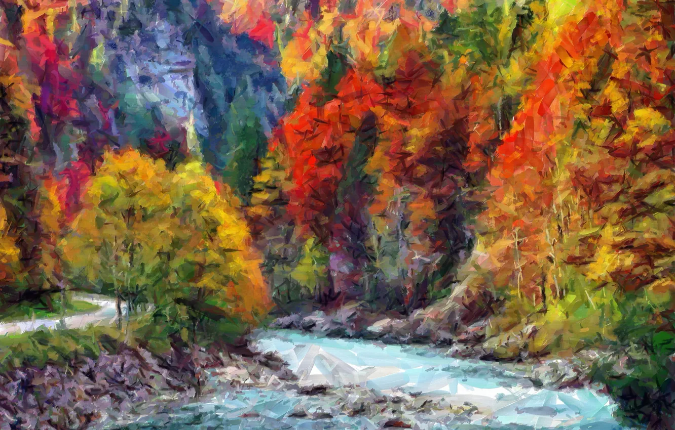 Фото обои дорога, осень, лес, пейзаж, горы, река, картина, холст