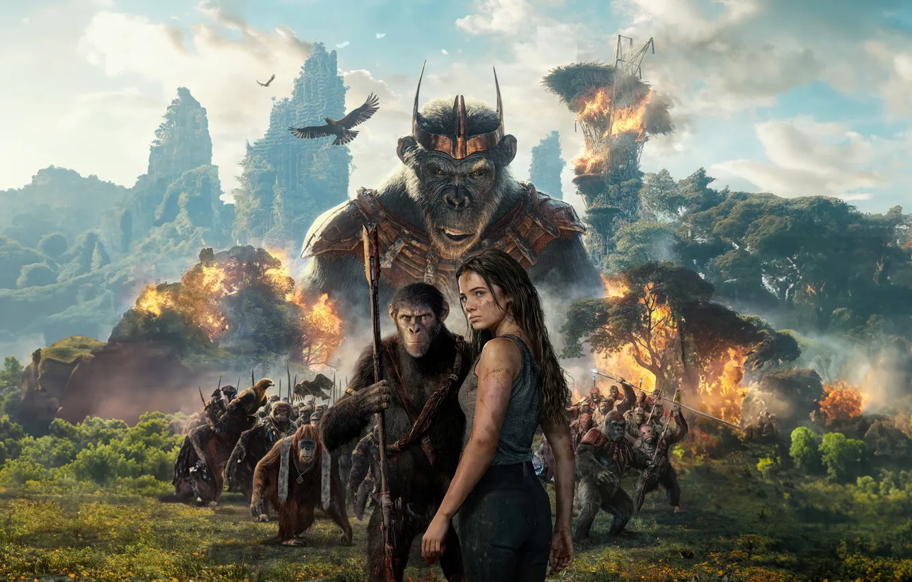 Фото обои девушка, природа, обезьяны, король, 2024, Kingdom of the Planet of the Apes