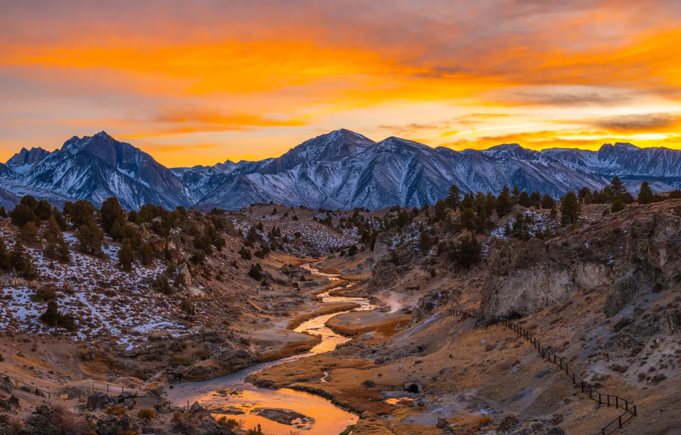 Фото обои небо, закат, горы, река, California, Inyo National Forest, Mammoth Lakes