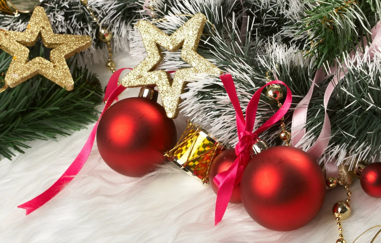 Фото обои украшения, шары, звезда, елка, новый год, лента, мишура, бантик